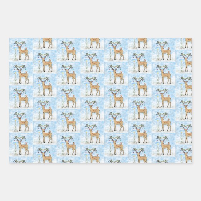 Deer and Bird Christmas Gift Wrap Sheets (Front)