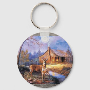 Deer and Cabin on a Keychain