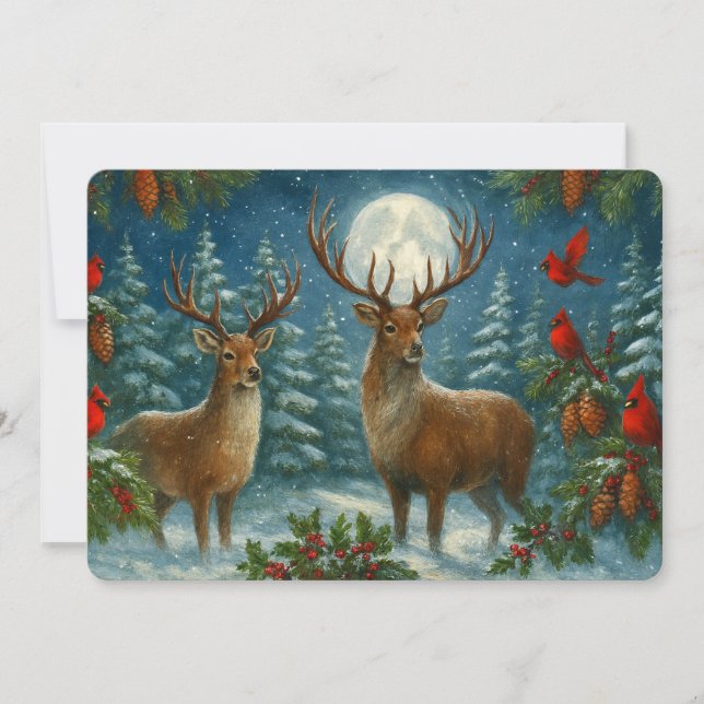 Deer And Cardinals On A Moon-lit Night Christmas Holiday Card (Front)