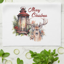 Deer and Christmas Lantern Kitchen Towel