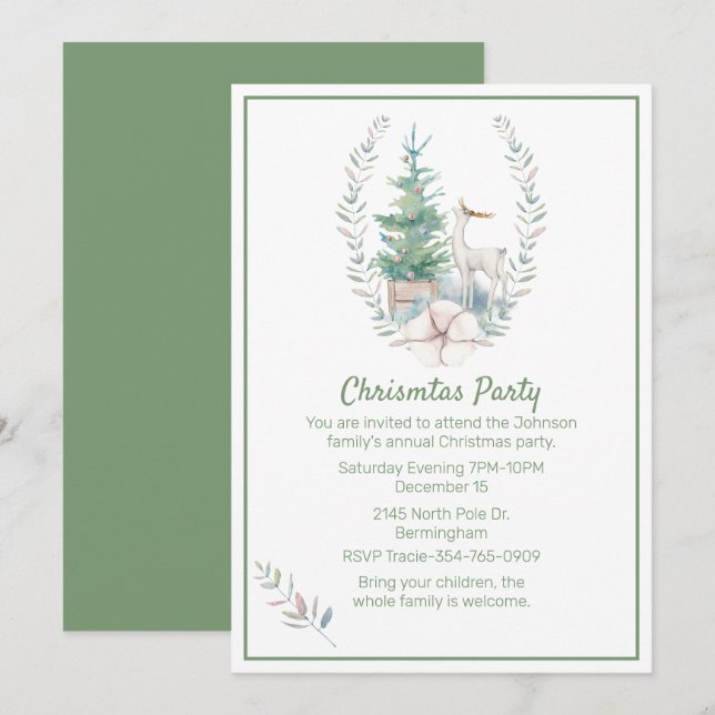 Deer and Christmas Tree Christmas Party Invitation (Front/Back)