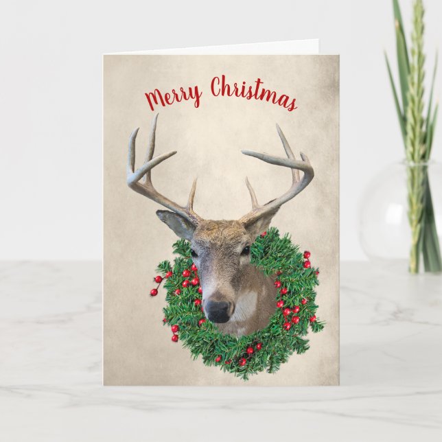 Deer and Christmas Wreath Holiday Card (Front)