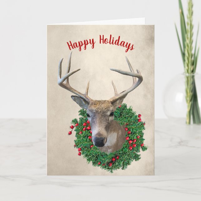 Deer and Christmas Wreath Holiday Card (Front)