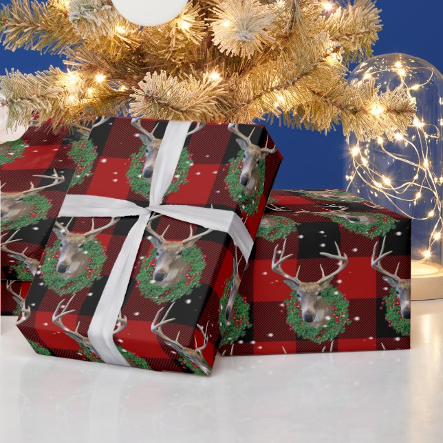 Deer and Christmas Wreath In Snowflakes Wrapping Paper (Holidays)