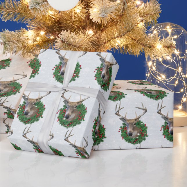 Deer and Christmas Wreath In Snowflakes Wrapping Paper (Holidays)