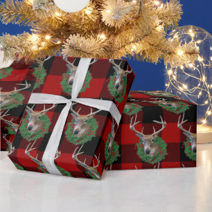 Deer and Christmas Wreath On Plaid Wrapping Paper