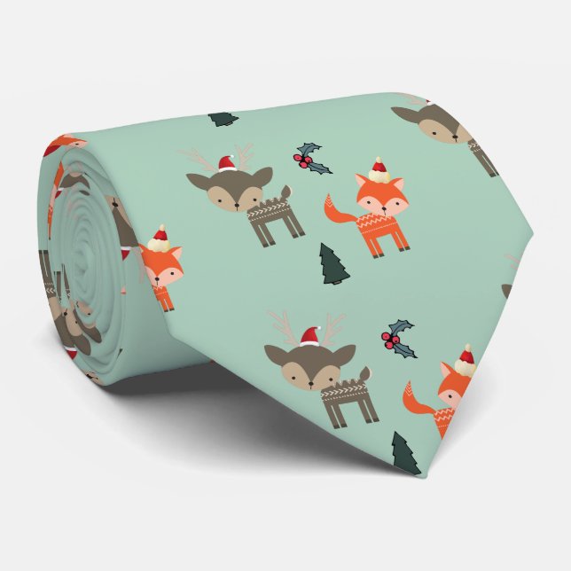 Deer And Fox In Santa Hats Whimsical Christmas Tie (Rolled)