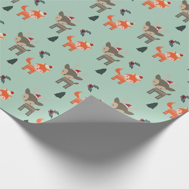 Deer And Fox In Santa Hats Whimsical Christmas Wrapping Paper (Corner)