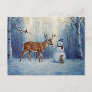 Deer and Happy Snowman Winter Holiday Scene