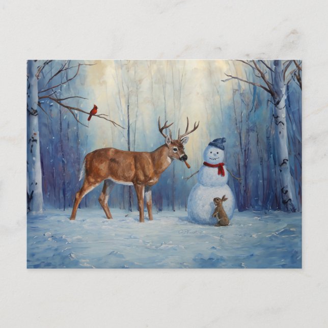 Deer and Happy Snowman Winter Holiday Scene (Front)