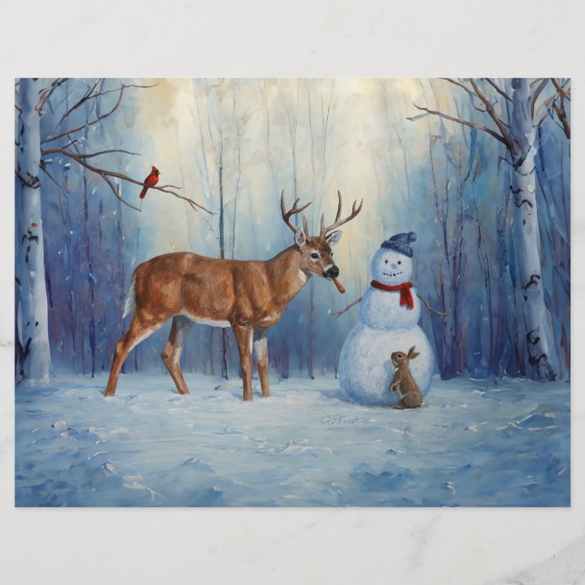 Deer and Happy Snowman Winter Holiday Scene (Front)