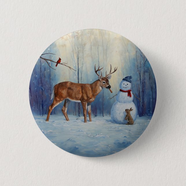 Deer and Happy Snowman Winter Holiday Scene 6 Cm Round Badge (Front)