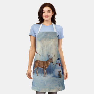 Deer and Happy Snowman Winter Holiday Scene Apron