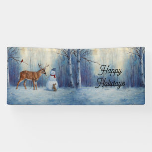 Deer and Happy Snowman Winter Holiday Scene Banner