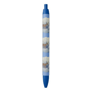 Deer and Happy Snowman Winter Holiday Scene Black Ink Pen