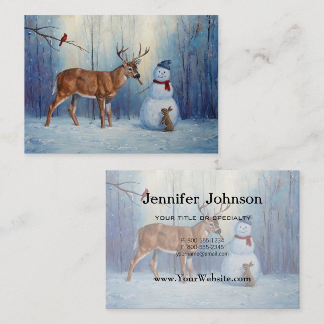 Deer and Happy Snowman Winter Holiday Scene Business Card (Front/Back)