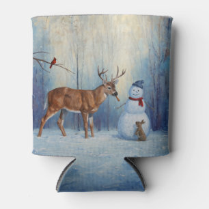 Deer and Happy Snowman Winter Holiday Scene Can Cooler
