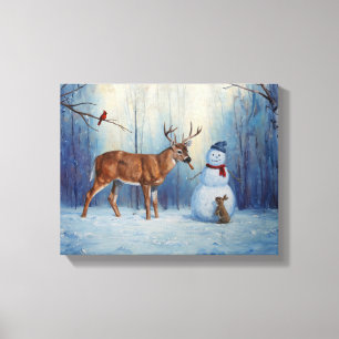 Deer and Happy Snowman Winter Holiday Scene Canvas Print