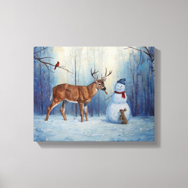 Deer and Happy Snowman Winter Holiday Scene Canvas Print (Front)