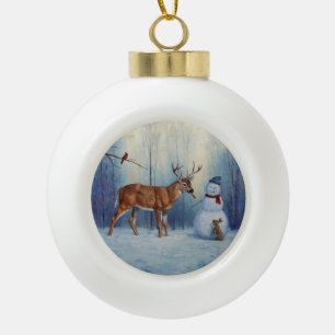 Deer and Happy Snowman Winter Holiday Scene Ceramic Ball Christmas Ornament