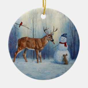 Deer and Happy Snowman Winter Holiday Scene Ceramic Tree Decoration