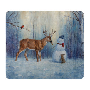 Deer and Happy Snowman Winter Holiday Scene Cutting Board