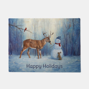 Deer and Happy Snowman Winter Holiday Scene Doormat