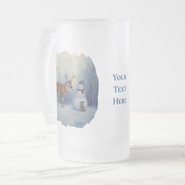 Deer and Happy Snowman Winter Holiday Scene Frosted Glass Beer Mug (Front Left)