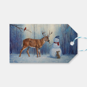 Deer and Happy Snowman Winter Holiday Scene Gift Tags
