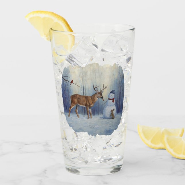 Deer and Happy Snowman Winter Holiday Scene Glass (Front Ice)