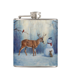 Deer and Happy Snowman Winter Holiday Scene Hip Flask