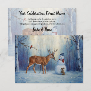 Deer and Happy Snowman Winter Holiday Scene Invitation
