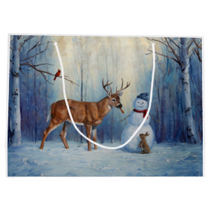 Deer and Happy Snowman Winter Holiday Scene Large Gift Bag