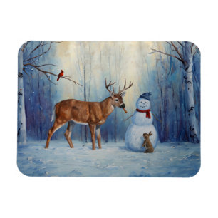 Deer and Happy Snowman Winter Holiday Scene Magnet