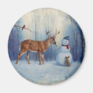 Deer and Happy Snowman Winter Holiday Scene Magnet
