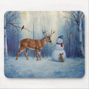 Deer and Happy Snowman Winter Holiday Scene Mouse Mat