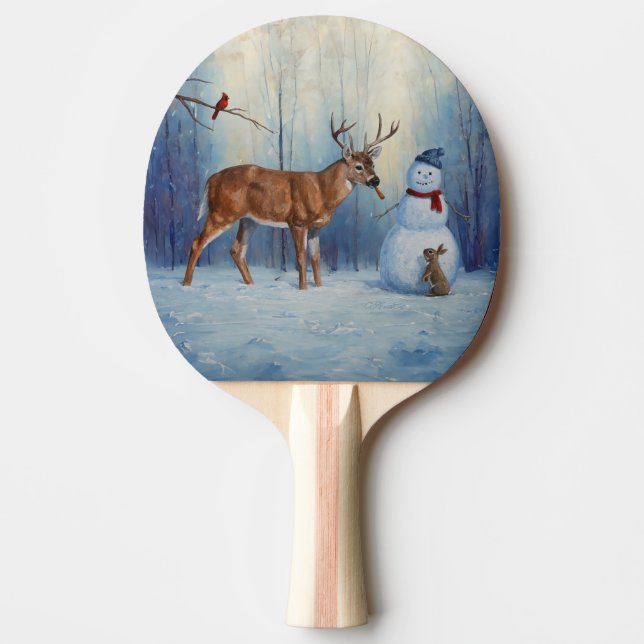 Deer and Happy Snowman Winter Holiday Scene Ping Pong Paddle (Front)