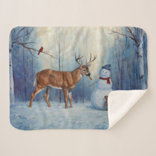 Deer and Happy Snowman Winter Holiday Scene Sherpa Blanket