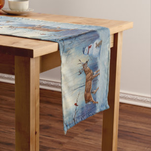 Deer and Happy Snowman Winter Holiday Scene Short Table Runner