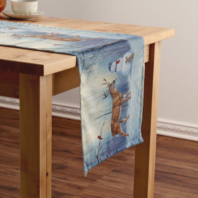 Deer and Happy Snowman Winter Holiday Scene Short Table Runner (In Situ)