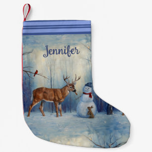 Deer and Happy Snowman Winter Holiday Scene Small Christmas Stocking