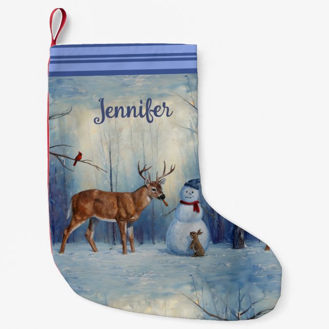 Deer and Happy Snowman Winter Holiday Scene Small Christmas Stocking (Front)