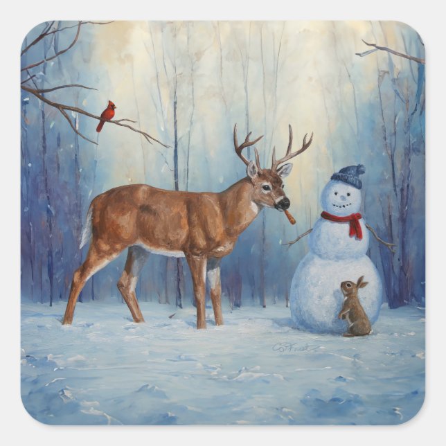 Deer and Happy Snowman Winter Holiday Scene Square Sticker (Front)