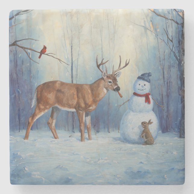 Deer and Happy Snowman Winter Holiday Scene Stone Coaster (Front)