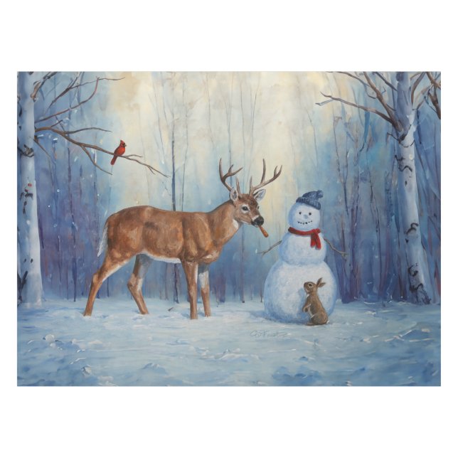 Deer and Happy Snowman Winter Holiday Scene Tablecloth (Front (Horizontal))