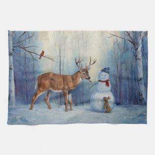 Deer and Happy Snowman Winter Holiday Scene Tea Towel