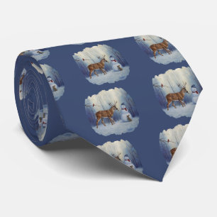 Deer and Happy Snowman Winter Holiday Scene Tie