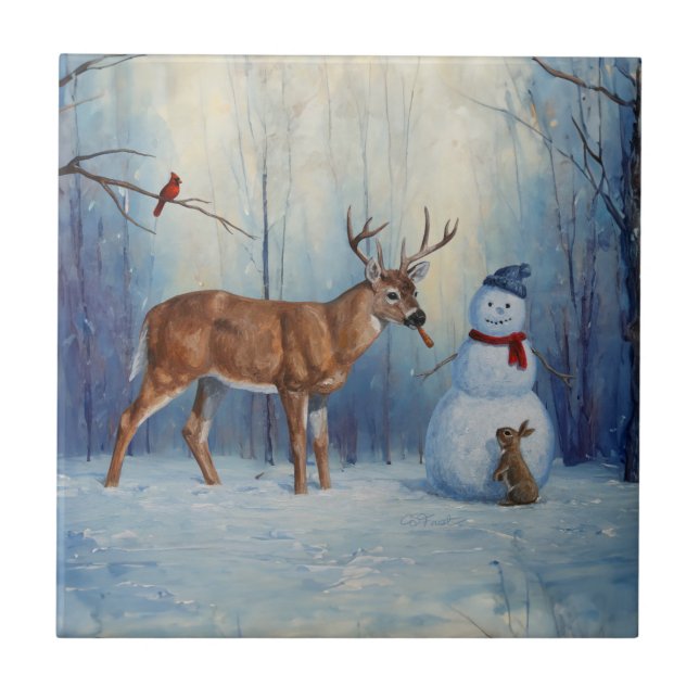 Deer and Happy Snowman Winter Holiday Scene Tile (Front)