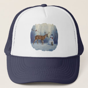 Deer and Happy Snowman Winter Holiday Scene Trucker Hat