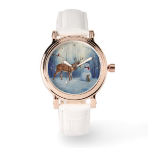 Deer and Happy Snowman Winter Holiday Scene Watch